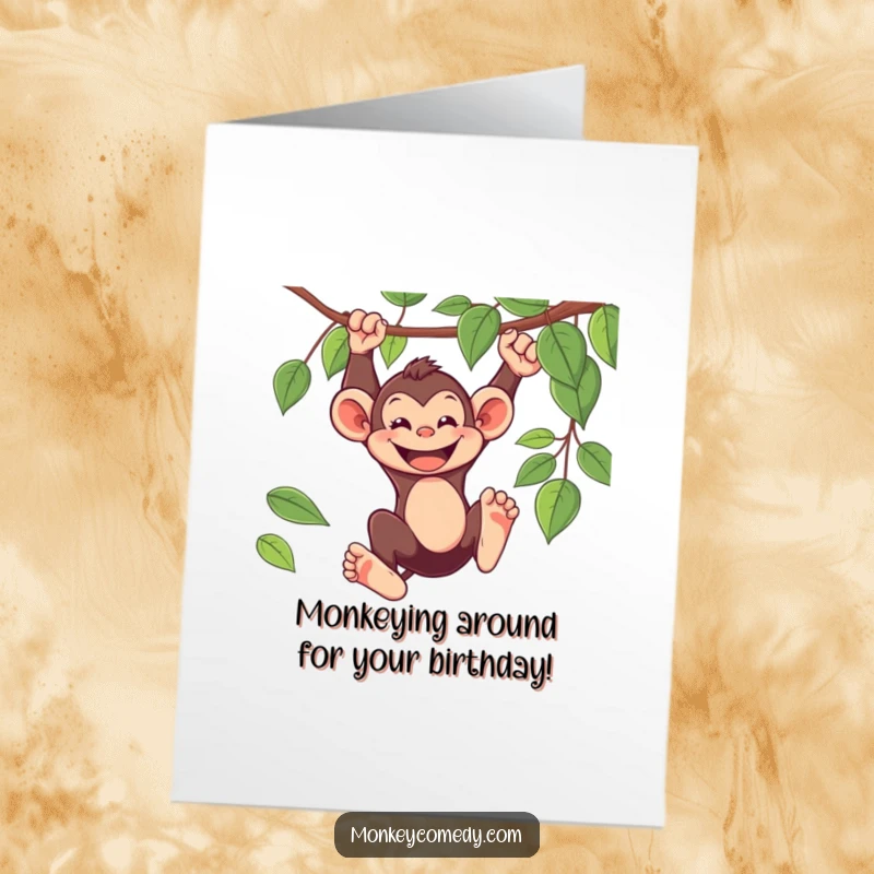 Funny Free Printable Birthday Card: Playful monkey swinging from a vine, grinning widely to spread birthday cheer and excitement.