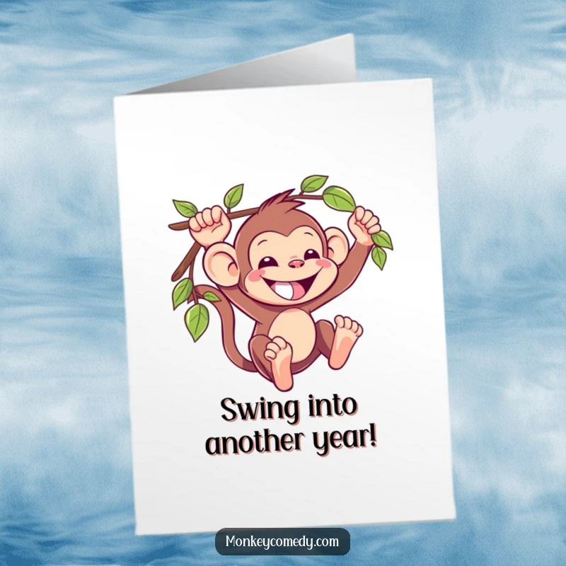 Funny Free Printable Birthday Card: Kawaii monkey with a wide grin, joyfully swinging on a vine, ready to party.