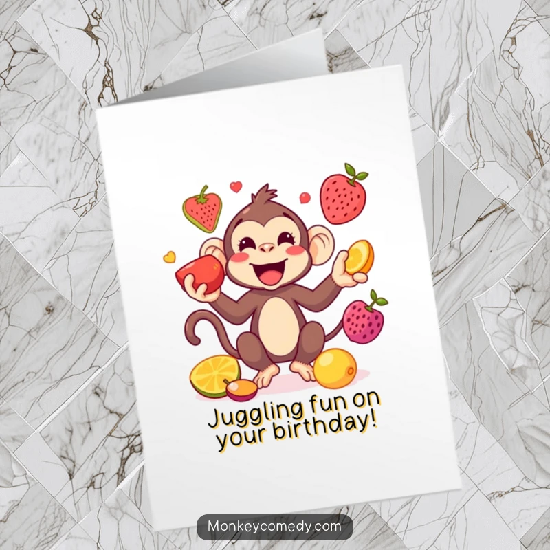 Funny Free Printable Birthday Card: A kawaii monkey playfully juggling colorful fruits with a happy, focused expression.