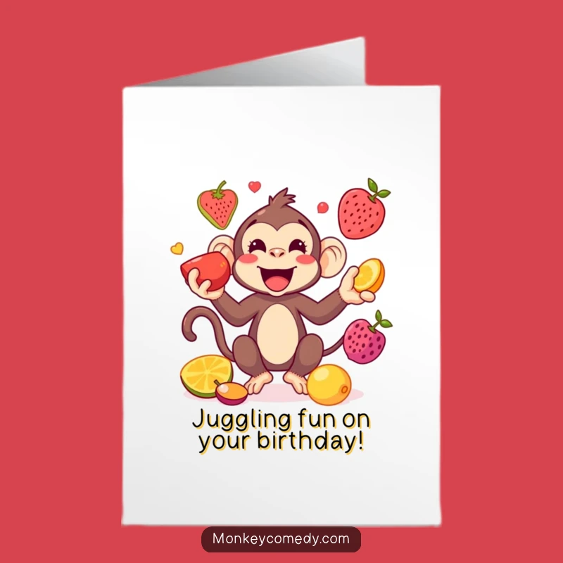 Free Printable Monkey Birthday Card: Juggling Fruits Kawaii Fun Downloadable Gift
