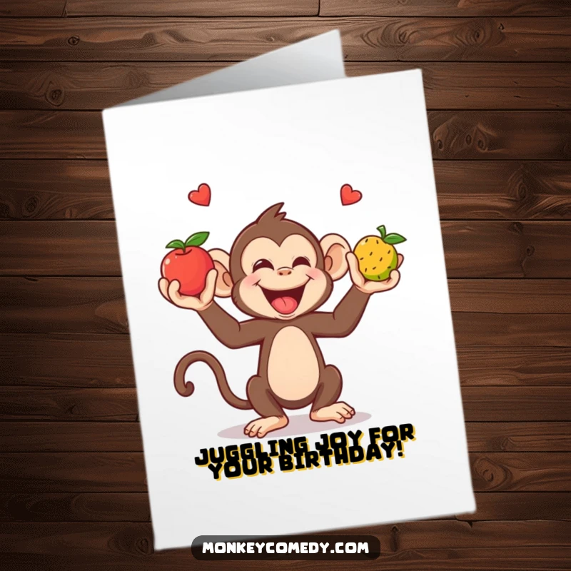 Funny Free Printable Birthday Card: Giggling monkey skillfully juggling colorful fruits with hands and feet, wishing you a fun birthday.