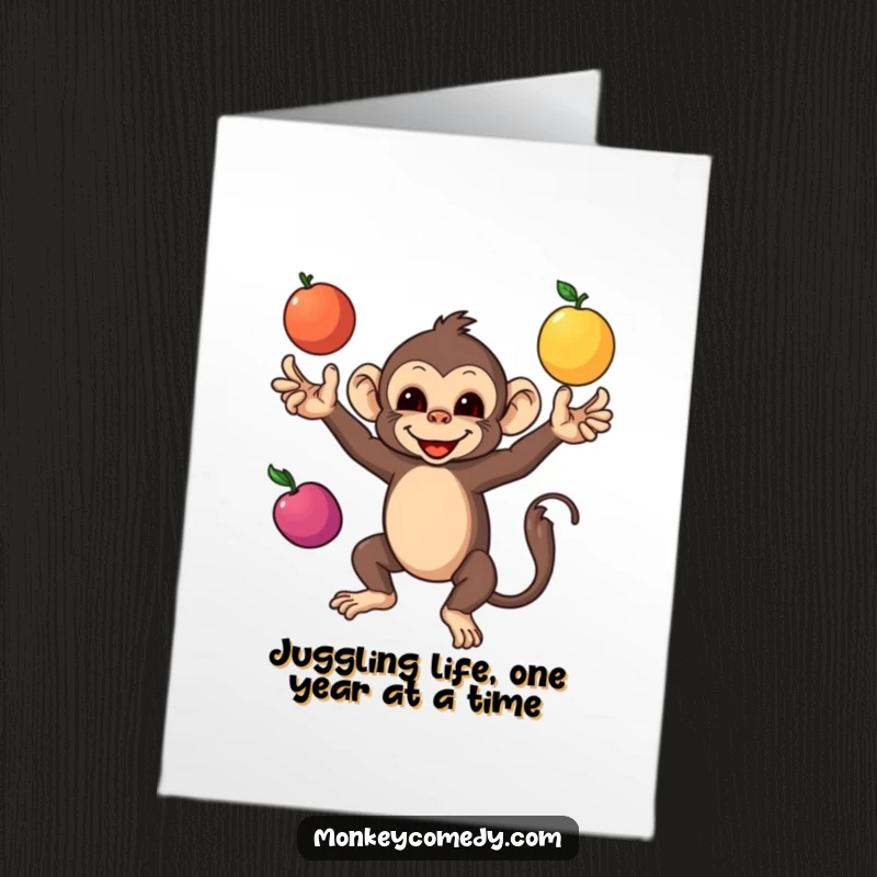 Funny free printable birthday card of a monkey skillfully juggling three colorful fruits, celebrating with impressive acrobatic flair.