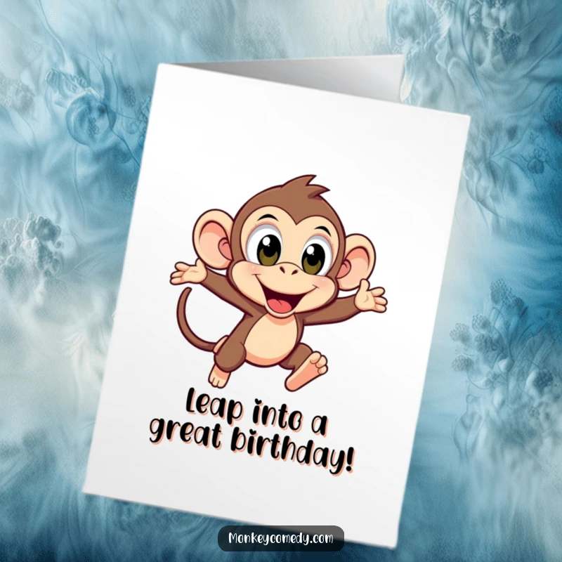 Funny Free Printable Birthday Card: A kawaii monkey with huge excited eyes, joyfully leaping forward with boundless energy.