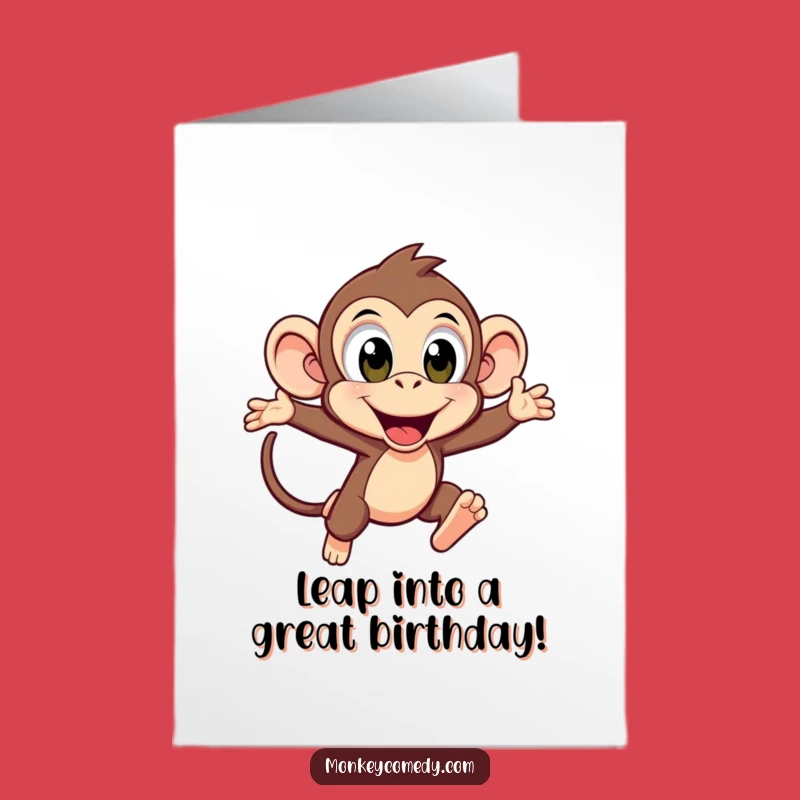 Free Printable Monkey Birthday Card: Excited Kawaii Leaping Fun Downloadable Gift