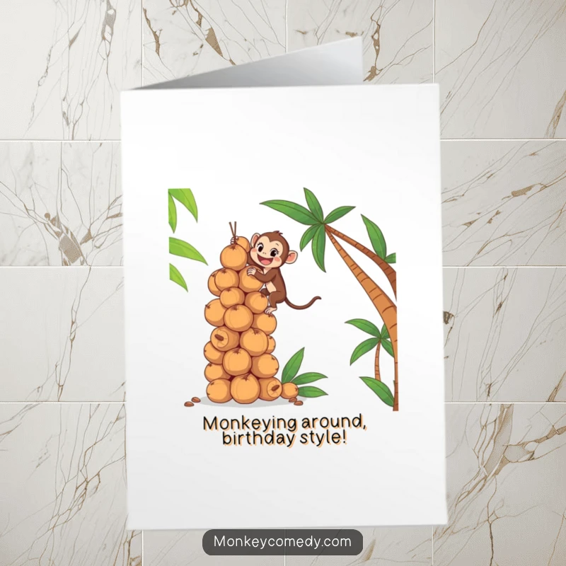Funny Free Printable Birthday Card: A monkey eagerly scaling a massive stack of coconuts, reaching for the top with glee.