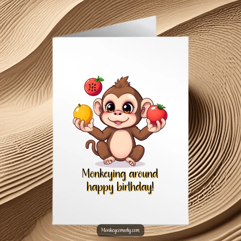 Funny Free Printable Birthday Card of a curious monkey skillfully juggling three vibrant, colorful fruits.