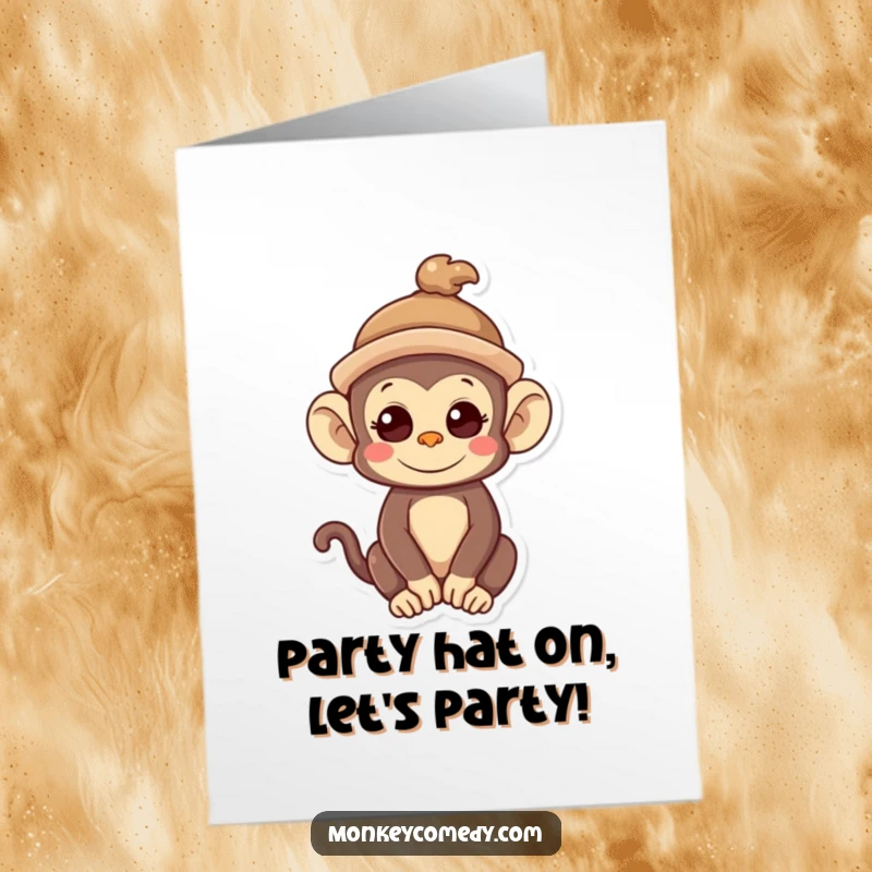 Funny Free Printable Kawaii Monkey Birthday Card: A cute monkey wears a tiny, crooked hat, looking festive.