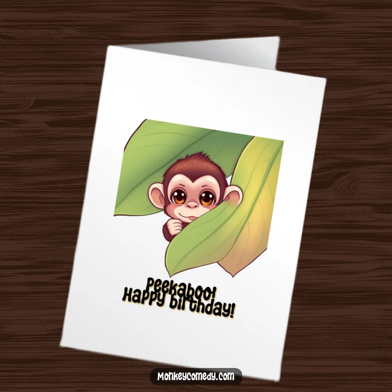 Funny Free Printable Birthday Card: A small monkey with curious eyes peeking from behind a large, vibrant leaf.