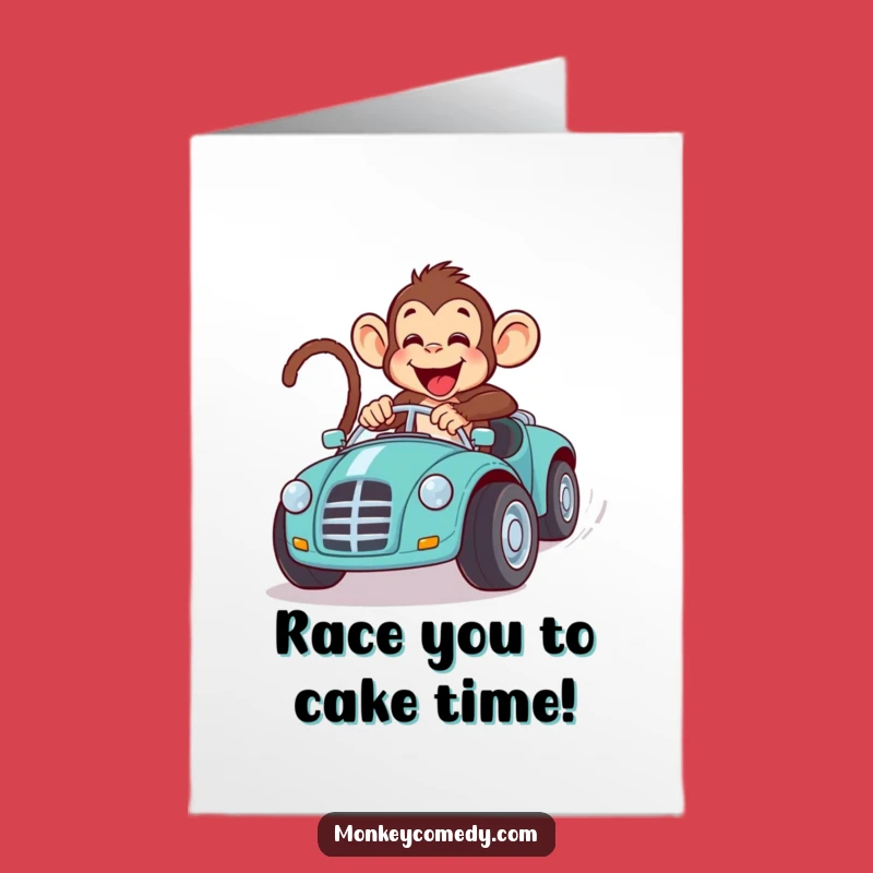 Free Printable Birthday Card: Monkey Racing Car, Funny Downloadable Gift for Speed Lovers