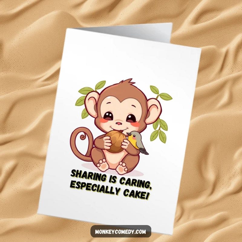 Funny Free Printable Birthday Card featuring a smiling monkey sharing a nut with a tiny bird friend.