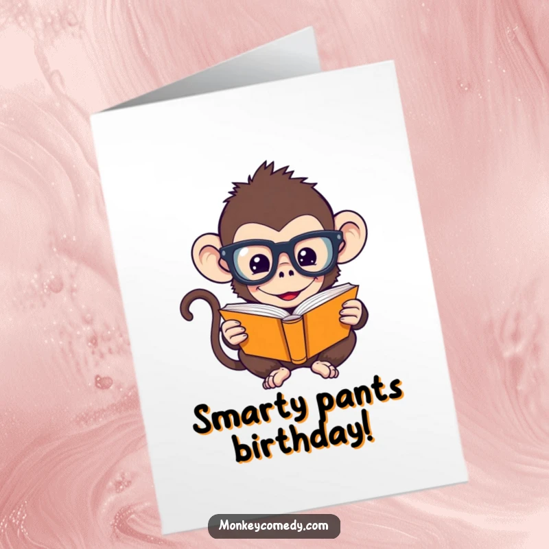 Funny Free Printable Birthday Card: Humorous monkey in oversized glasses, engrossed in reading a tiny book.