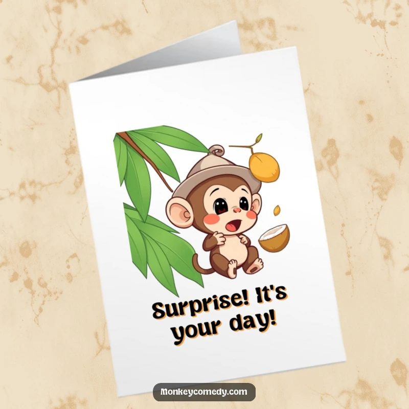 Funny Free Printable Birthday Card of a monkey in a tiny hat surprised by a falling coconut, a humorous DIY gift.