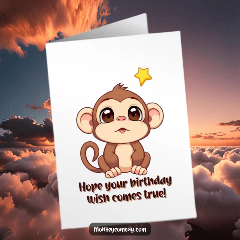 Funny Free Printable Birthday Card: A monkey with wide, astonished eyes looks up at a bright falling star in the night sky.
