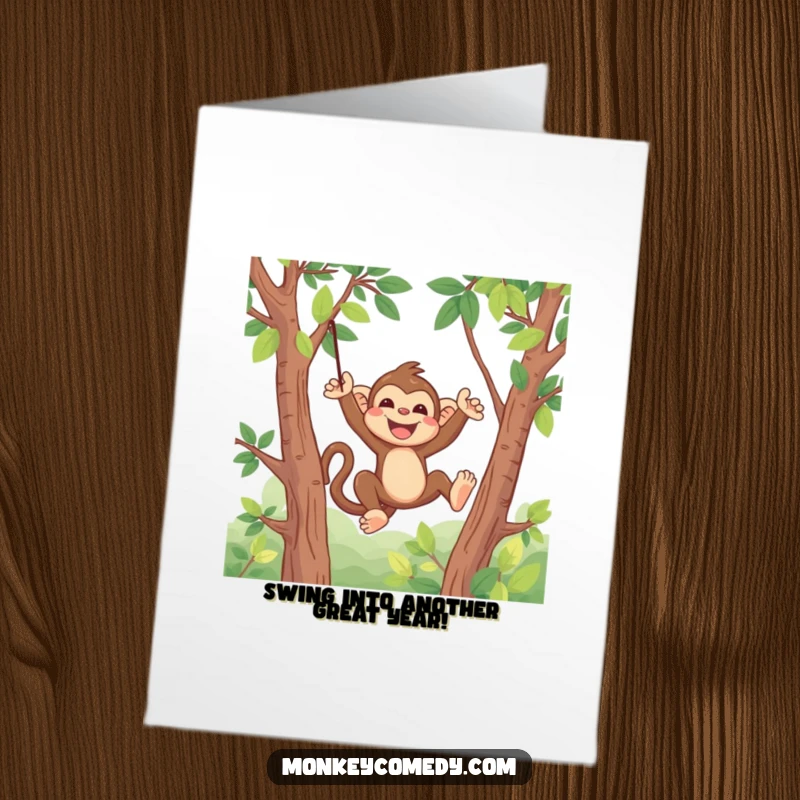 Funny Free Printable Birthday Card: A kawaii monkey swinging joyfully through trees, ideal for a fun DIY greeting.
