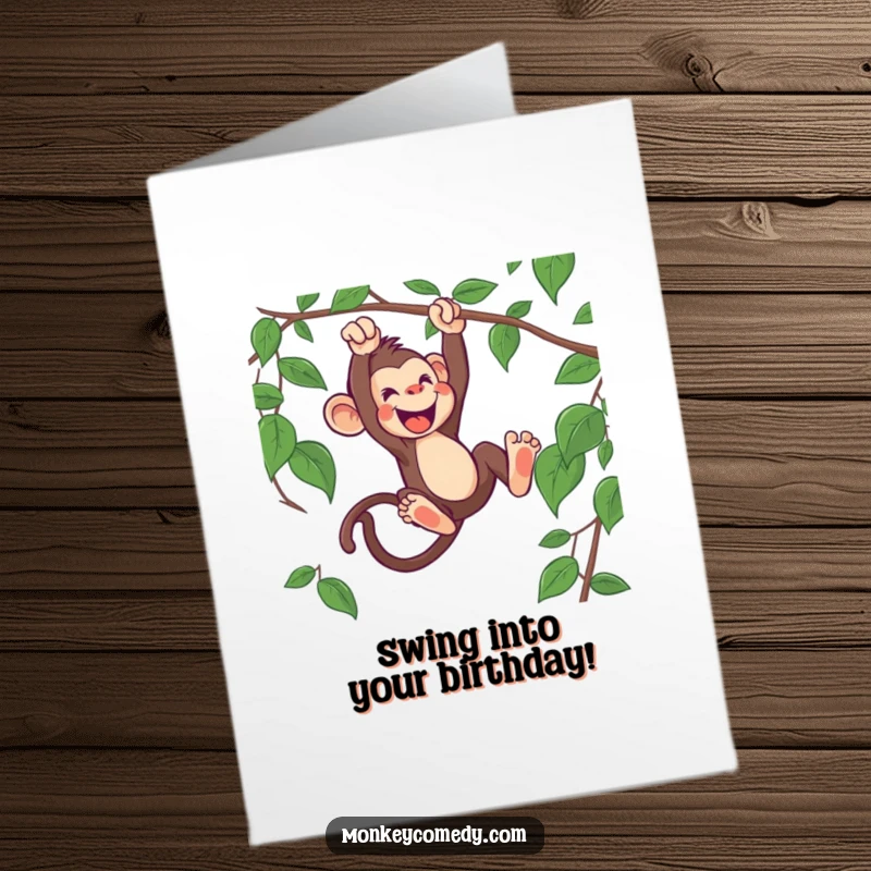 Funny free printable birthday card showing an enthusiastic monkey swinging from a vine, full of wild birthday energy.