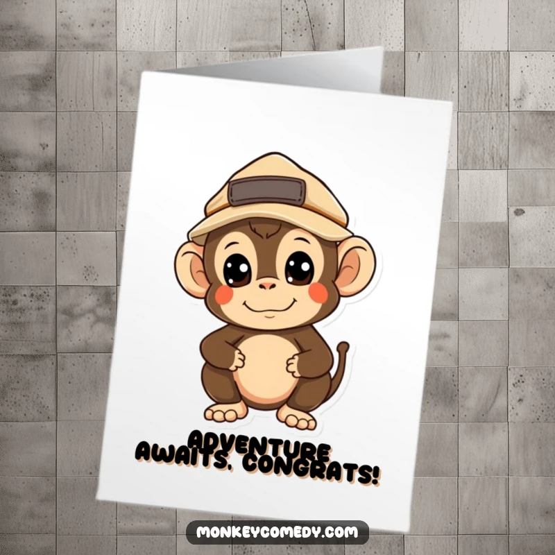 Funny Free Printable Congratulations Card: A kawaii monkey in an explorer hat, peering around with curiosity for their big win.