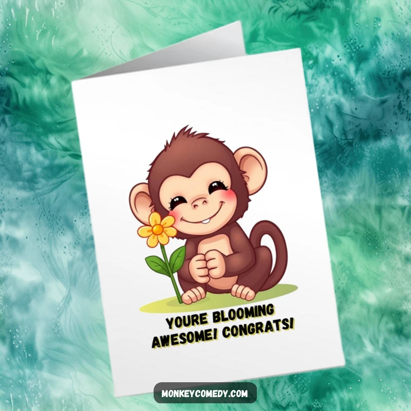 Funny Free Printable Congratulations Card: A monkey beams with a sweet smile while offering a small, vibrant flower, a token of joy.