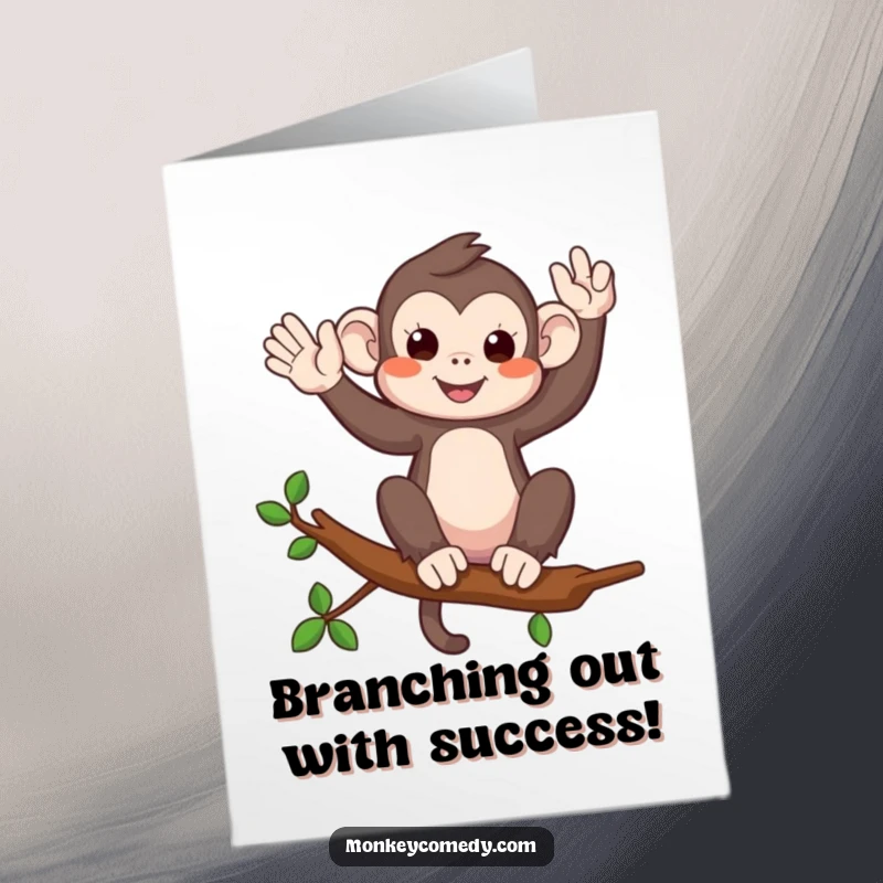 Funny Free Printable Congrats Card: A monkey on a branch, waving playfully to celebrate success. Downloadable, print at home.