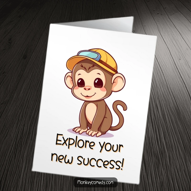 Funny Free Printable Congratulations Card: a kawaii monkey wearing an explorer hat, surveying the scene.