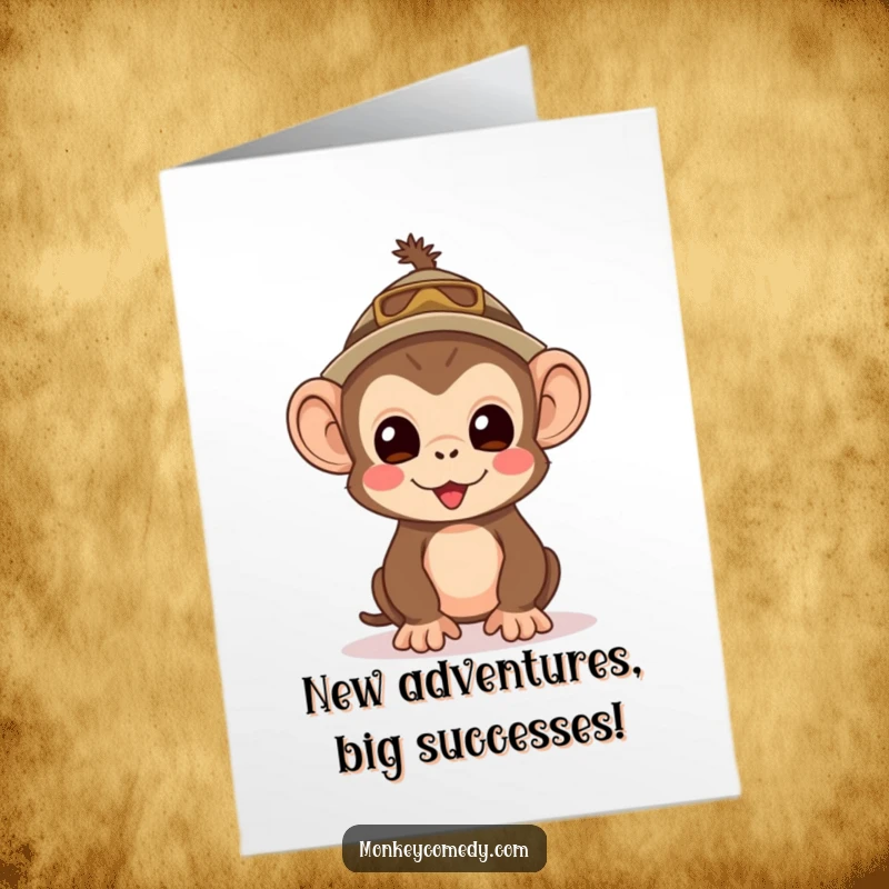 Funny Free Printable Congratulations Card: Kawaii monkey wearing a small explorer hat, eyes wide with excitement for discovery, perfect for DIY cards.