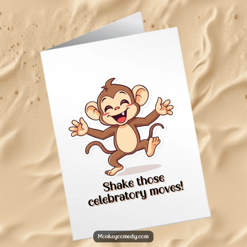 Funny Free Printable Congratulations Card: An energetic monkey performing a funny dance, limbs flailing joyfully.
