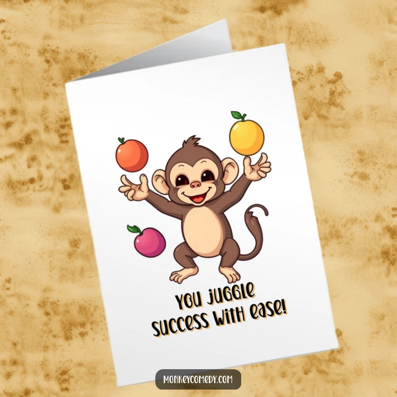 Funny free printable congratulations card depicting a monkey juggling three brightly colored fruits, symbolizing a successful and balanced celebration.