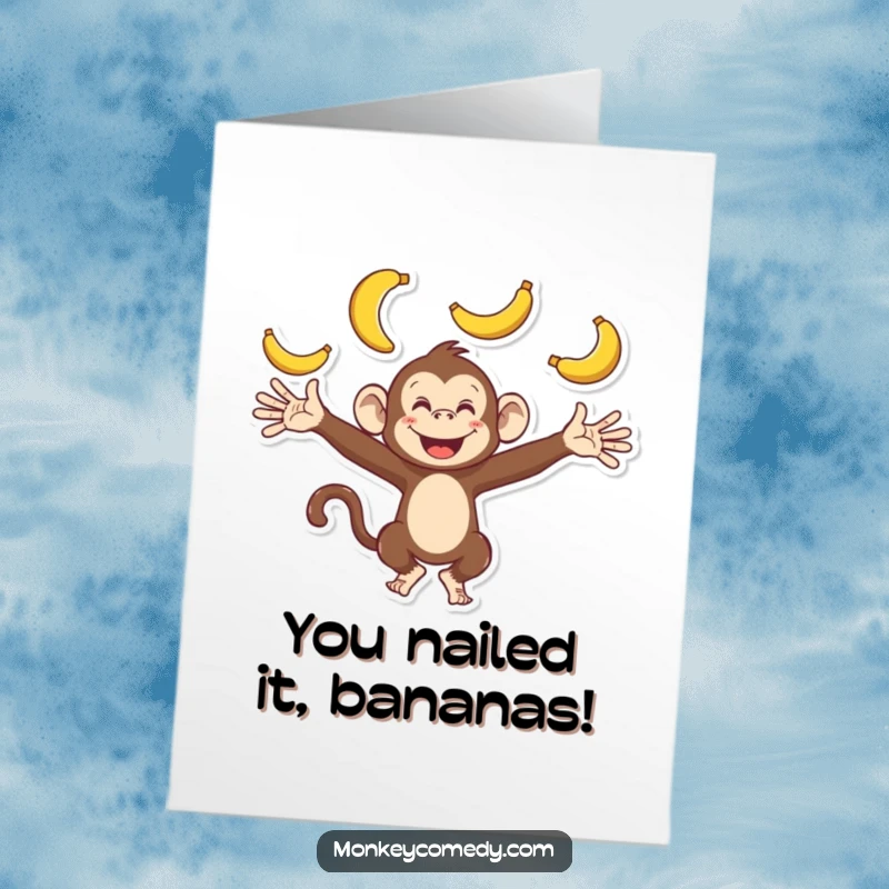 Funny Free Printable Congratulations Card: A playful monkey enthusiastically juggling a bunch of bananas with arms wide.