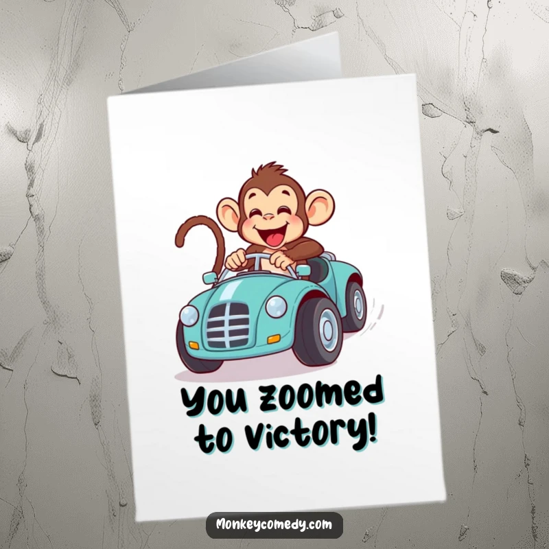 Free Printable Congratulations card showing a monkey triumphantly racing an oversized toy car, symbolizing a speedy victory.