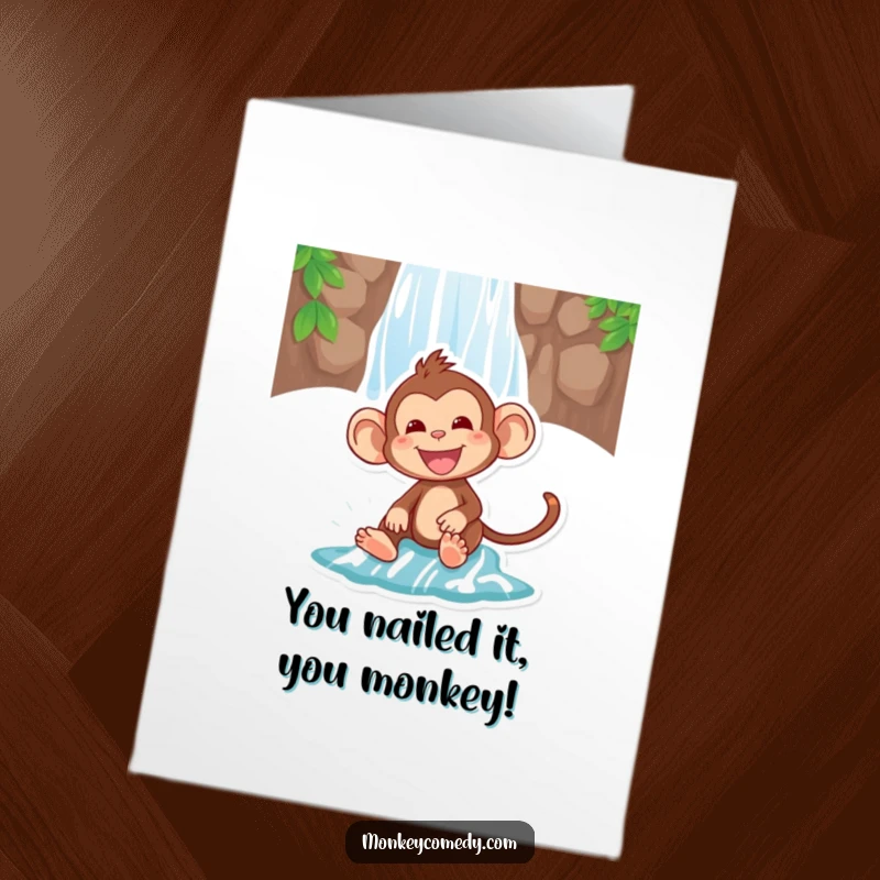 Funny free printable congratulations card: ecstatic monkey mid-waterfall slide, embodying pure exhilaration and success.