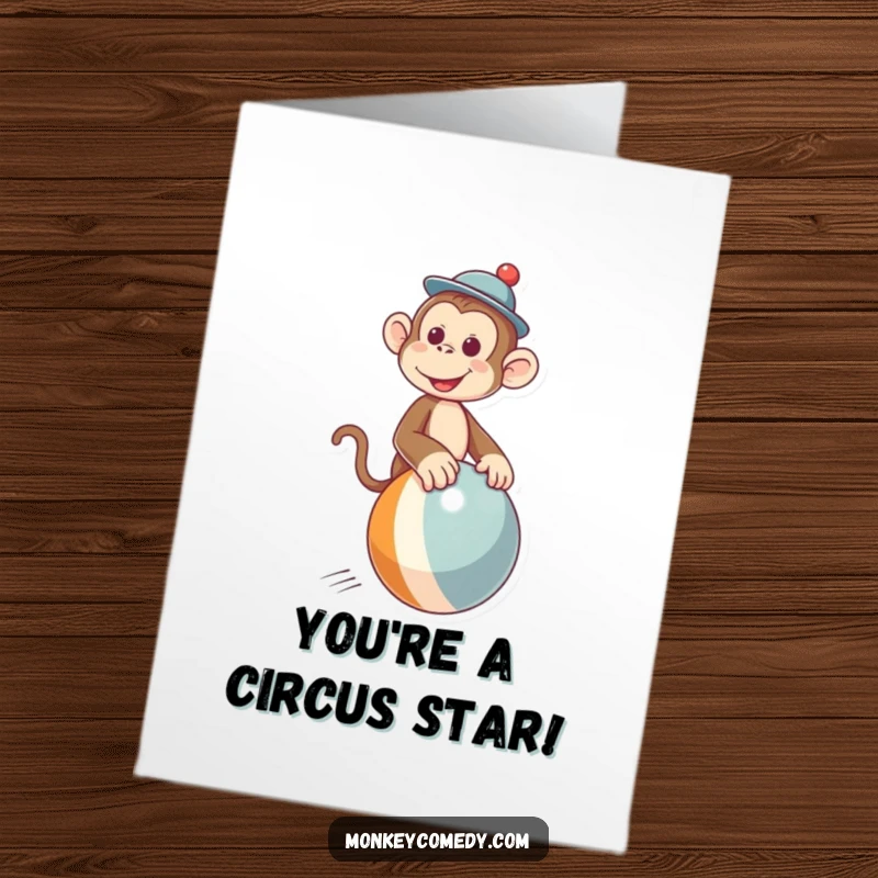 Funny Free Printable Congratulations Card: A monkey in a cute hat expertly balancing on a bouncing ball, ready to celebrate.