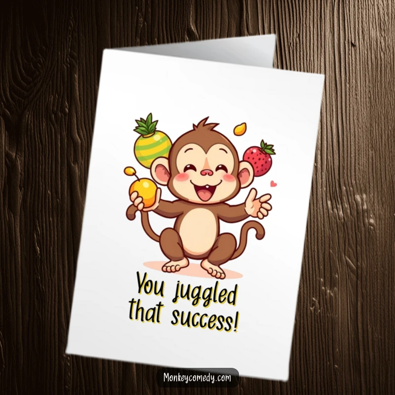Funny Free Printable Congratulations Card: Kawaii monkey performs a fruit juggling act, celebrating your wonderful achievement.