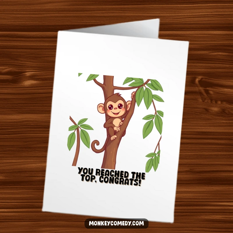 Funny Free Printable Congratulations Card: Monkey with a determined expression, scaling a slender tree, humorously depicting the challenging but rewarding path to success.