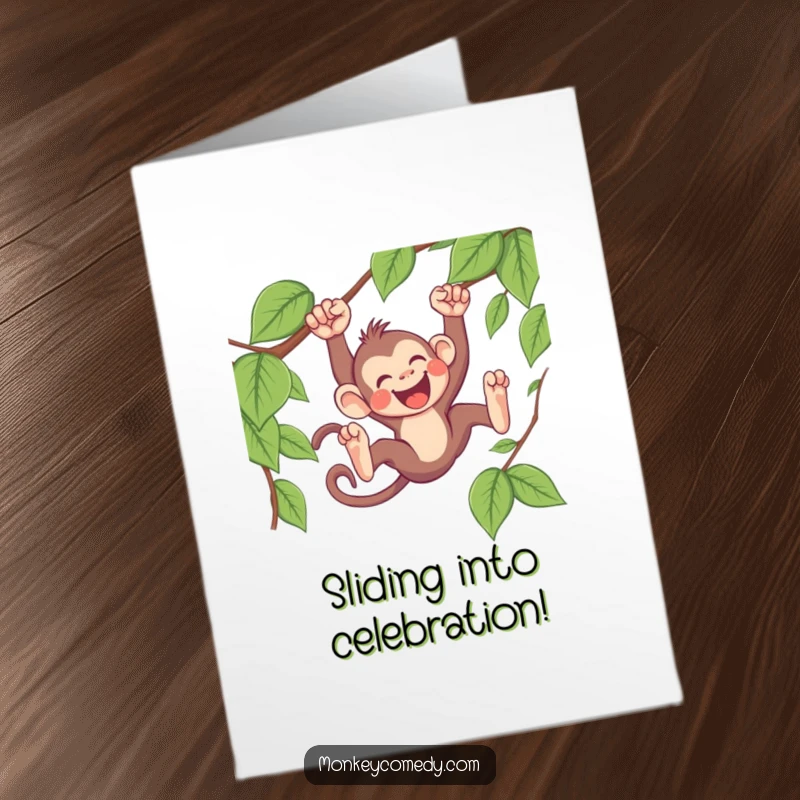 Funny Free Printable Congratulations Card showing a gleeful Kawaii monkey mid-slide down a vine, celebrating success with pure joy.