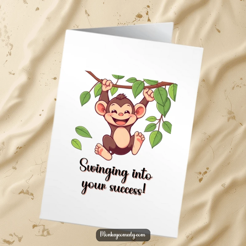 Funny Free Printable Congratulations Card: Playful monkey swinging from a vine with a huge grin, celebrating your awesome win.