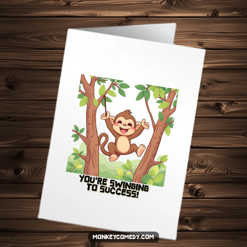 Funny Free Printable Congratulations Card: Kawaii monkey swinging gleefully through green foliage, perfect for DIY celebration cards.