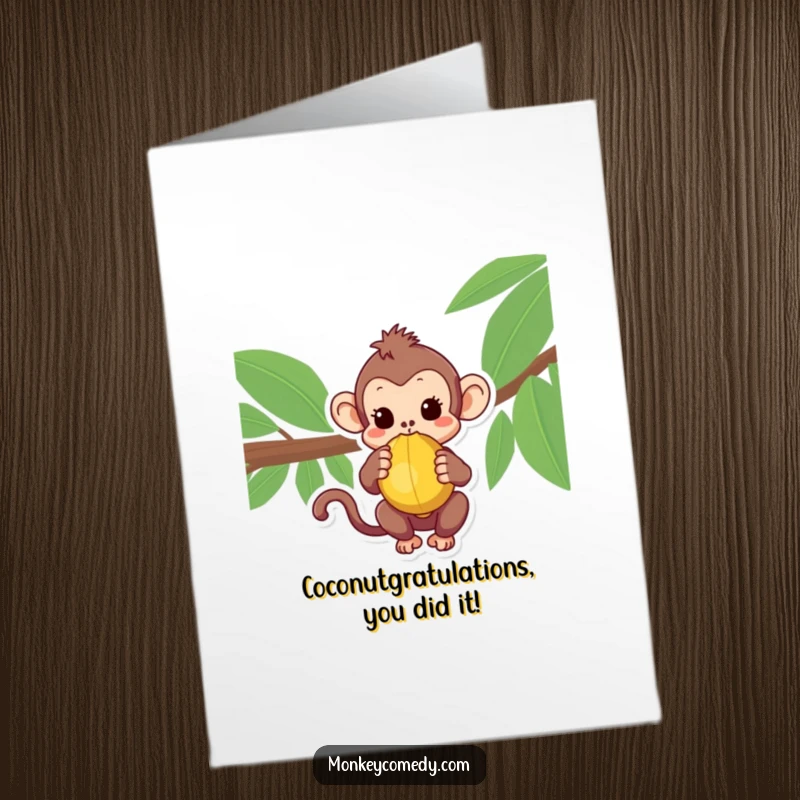 Curious Free Printable Monkey Congrats Card: A kawaii monkey holding a coconut, showing a pensive and intrigued expression.