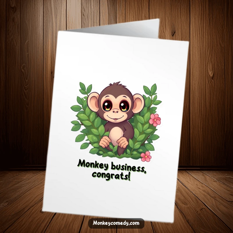 Funny Free Printable Congratulations Card: A monkey with surprised eyes pops out from behind foliage.