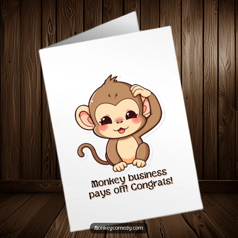 Funny Free Printable Congratulations Card featuring a kawaii monkey with a perplexed, silly expression, scratching its head.