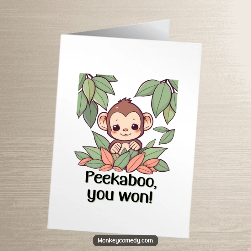 Funny Free Printable Congrats Card: A shy Kawaii monkey playfully peeking out from a heap of leaves, sharing a secret grin.