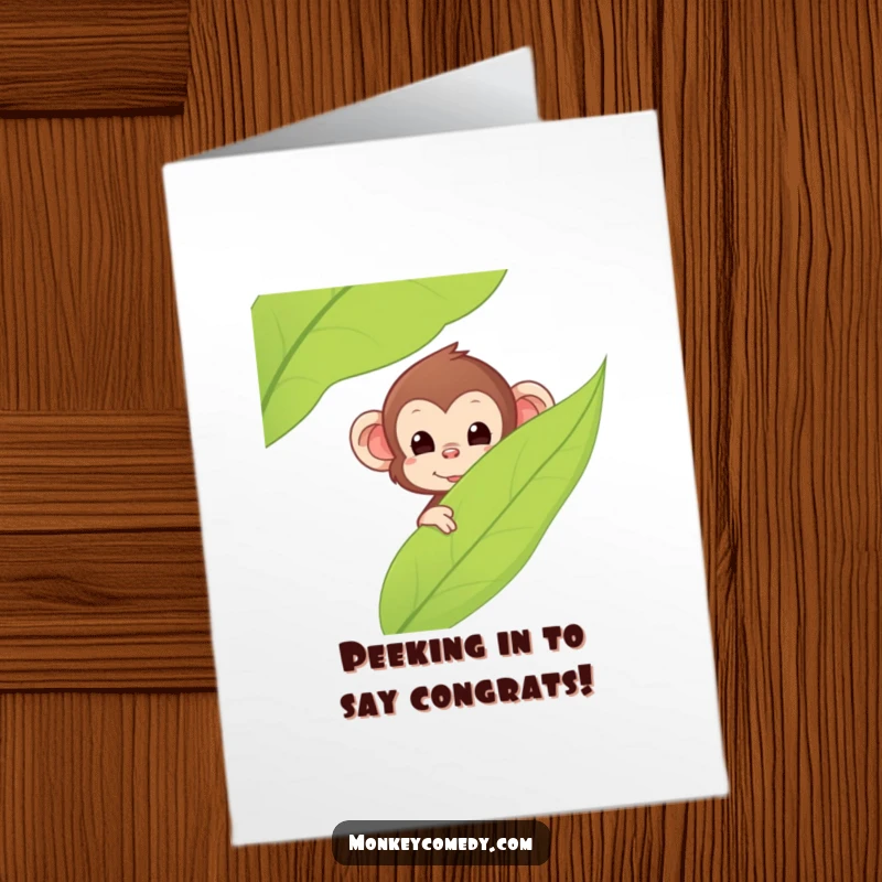 Funny Free Printable Congrats Card: Kawaii monkey peeking from behind a leaf, sharing in the exciting news.