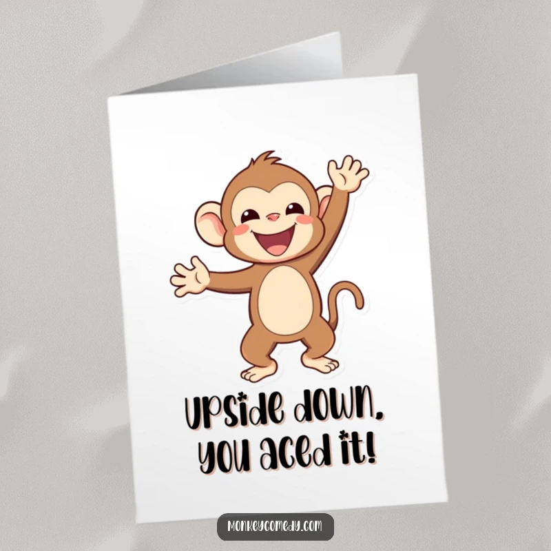 Funny Free Printable Congrats Card: A dynamic Kawaii monkey balancing perfectly in a happy handstand, celebrating a special achievement.