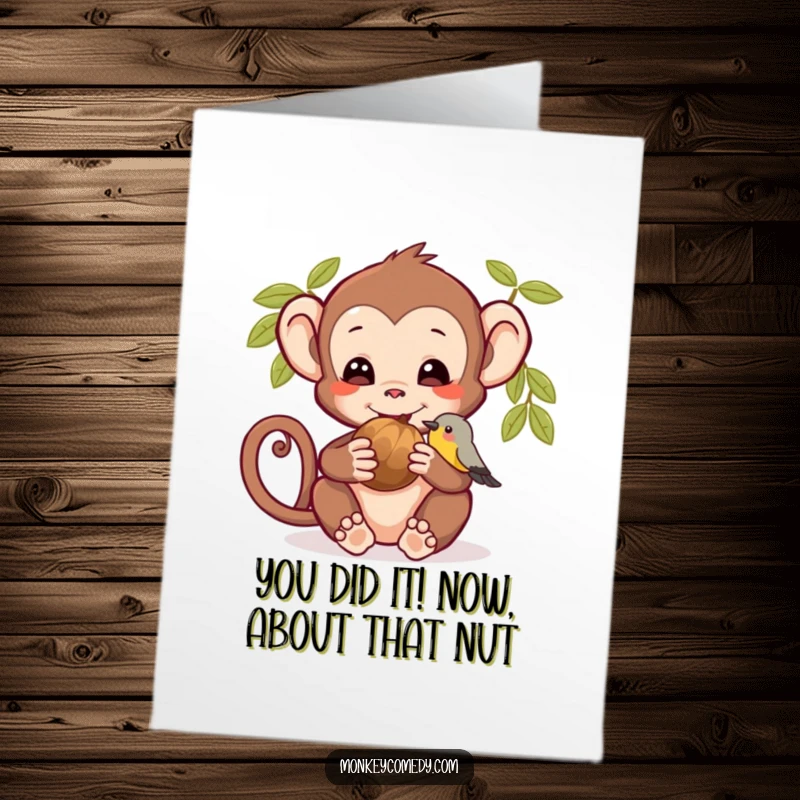 Funny Free Printable Congratulations Card: Monkey and bird sharing a nut, symbolizing shared joy and success.