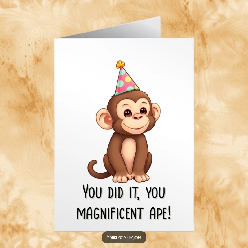 Funny free printable congratulations card showing a monkey in a party hat, ready to cheer with infectious joy and humor.