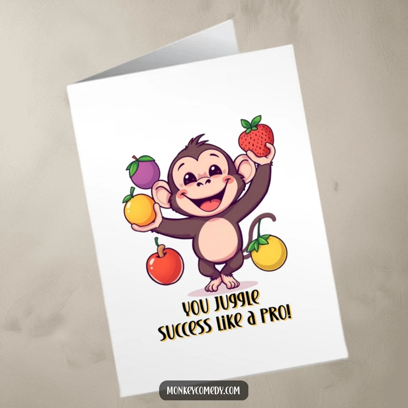 Funny free printable congratulations card featuring a grinning monkey skillfully juggling apples, oranges, and bananas in a vibrant display.