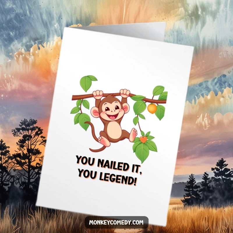 Free Printable Congratulations Card: A grinning monkey swings from a vine, celebrating your amazing achievement.