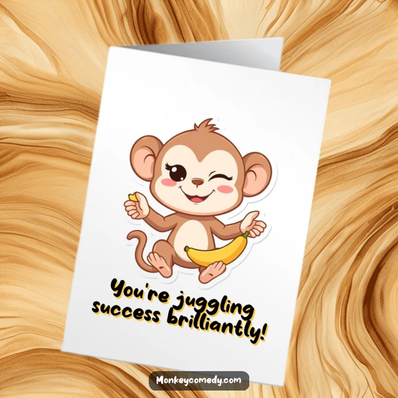 Funny Free Printable Congratulations Card: Kawaii monkey winking slyly while juggling multiple bananas, great for DIY congratulatory messages.