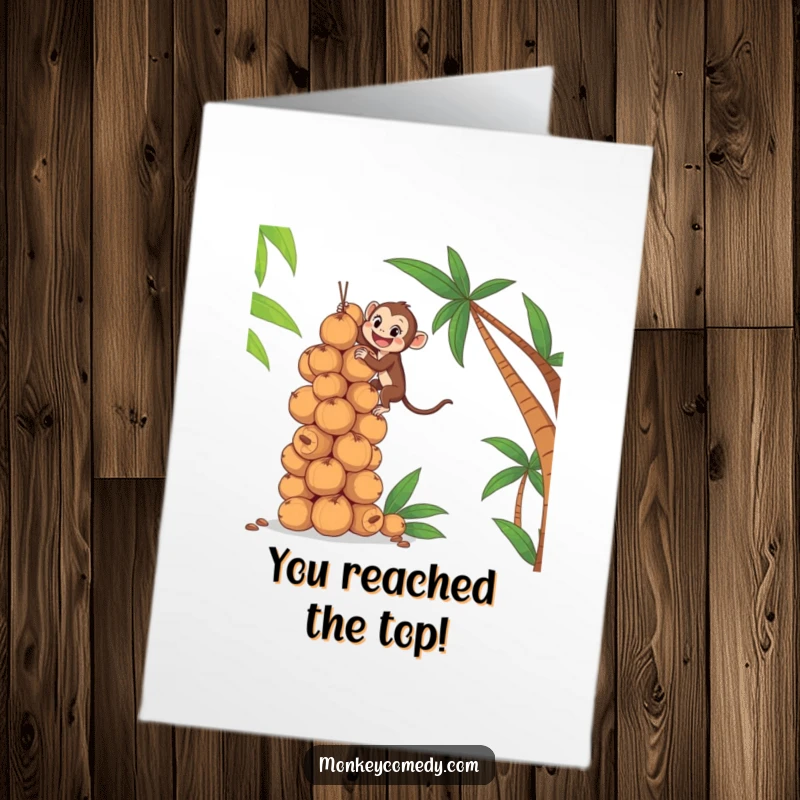 Funny Free Printable Congratulations Card: A monkey triumphantly climbing a huge pile of coconuts, celebrating a major milestone.