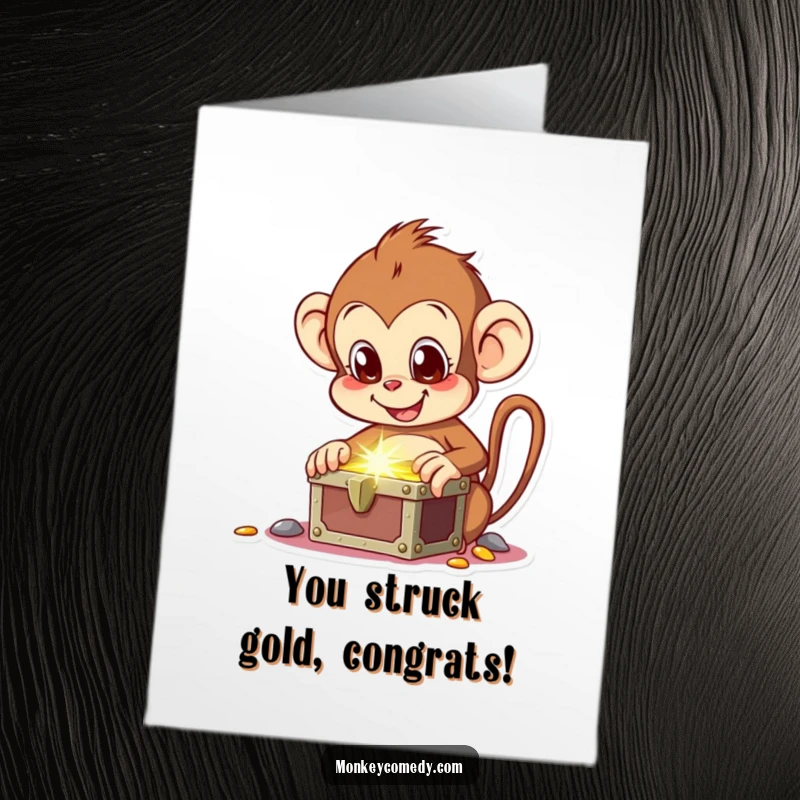 Funny free printable congratulations card: overjoyed monkey gazing at a shimmering treasure chest overflowing with gold.
