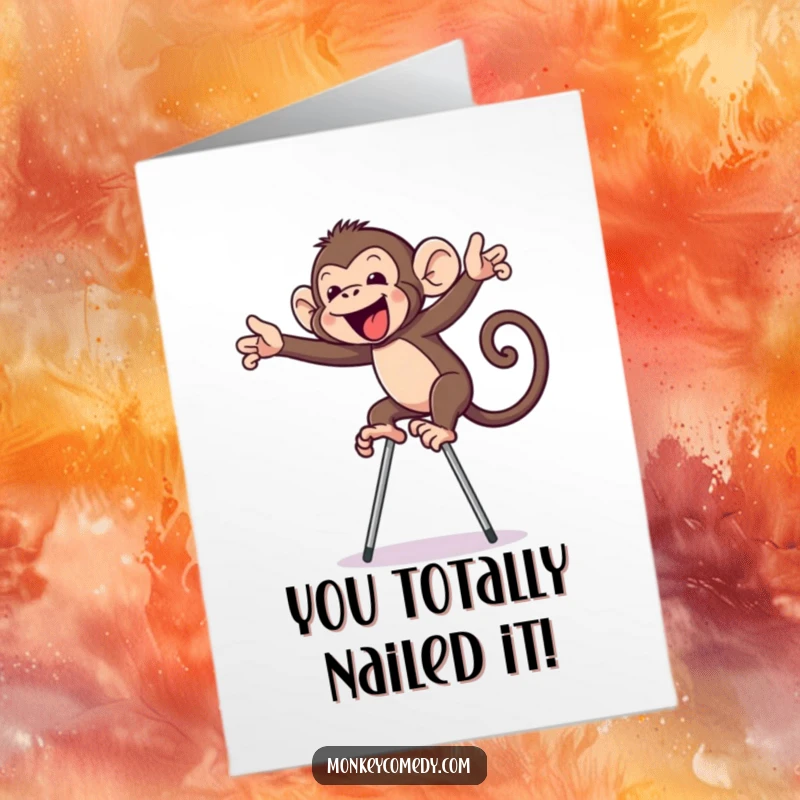 Free Printable Congratulations card showcasing a monkey comically attempting to balance on stilts, a truly funny and memorable design.