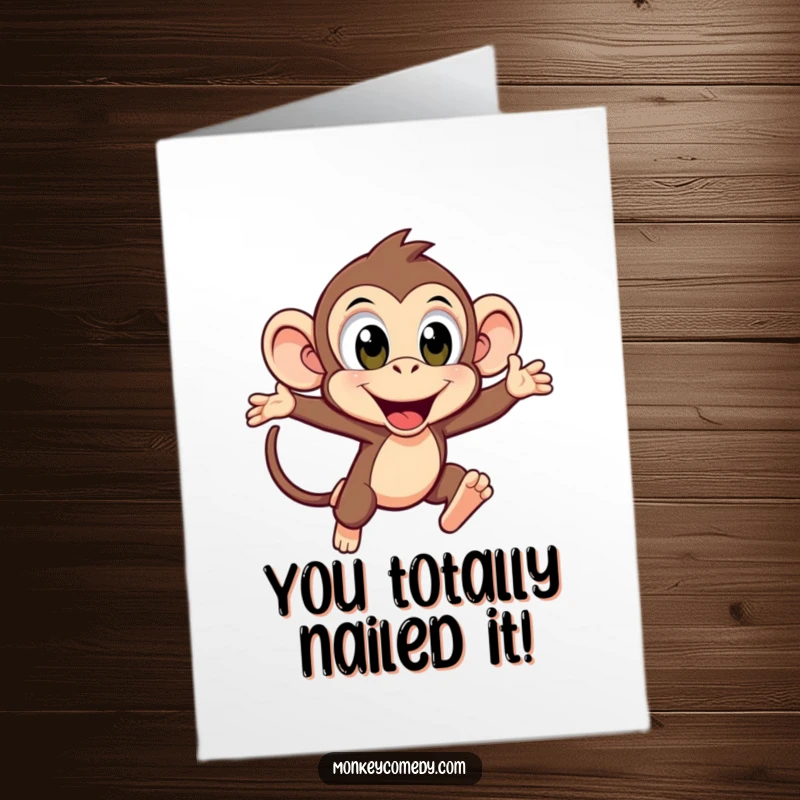 Funny Free Printable Congratulations Card: A kawaii monkey with wide, excited eyes, leaping forward to celebrate a fantastic success.